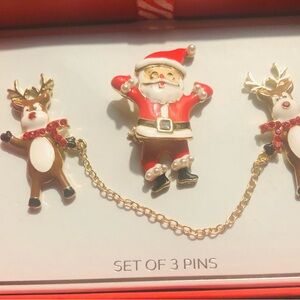 Source Unknown Festive Santa and Reindeer Brooch Set - Red, Gold, White